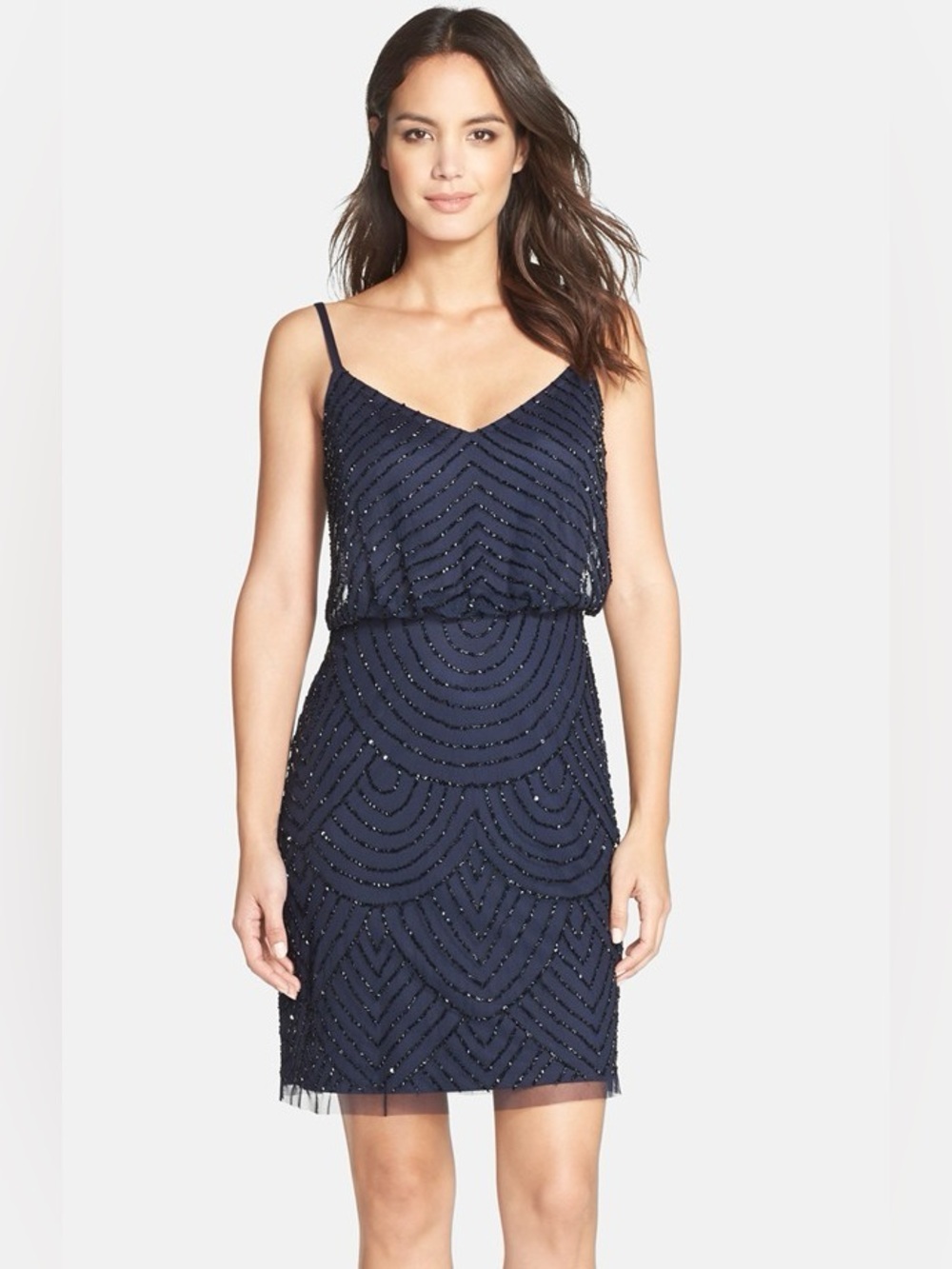 Adrianna Papell Navy Beaded Spaghetti-Strap Cocktail Dress